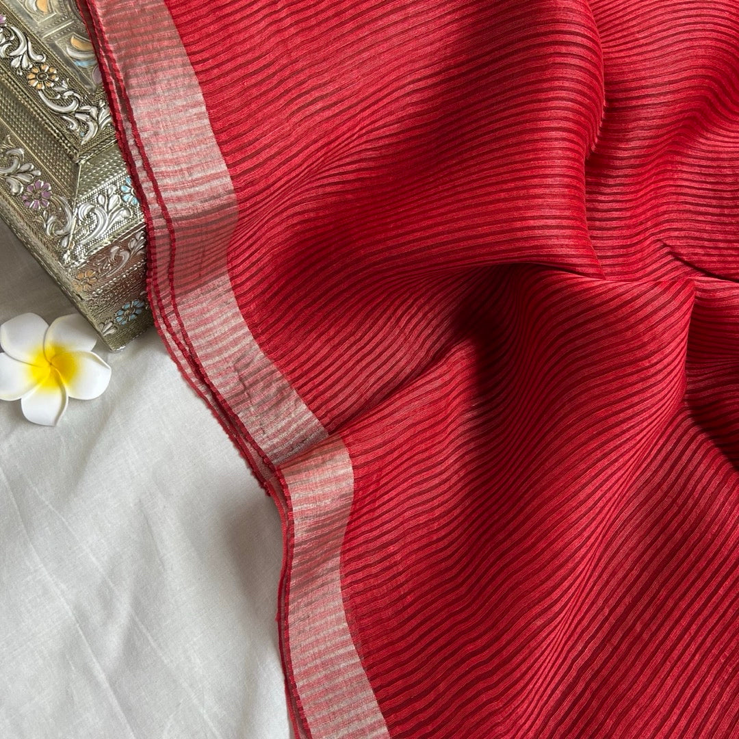 Silk Linen Red Striped Saree
