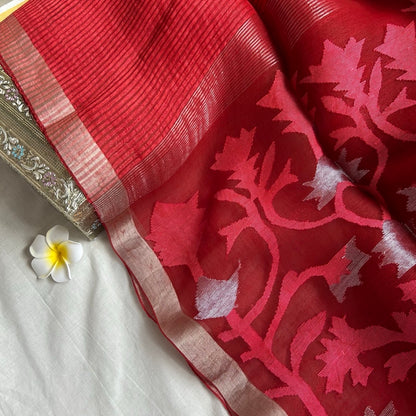 Silk Linen Red Striped Saree