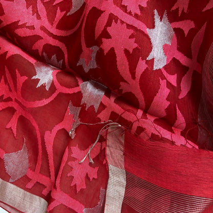 Silk Linen Red Striped Saree