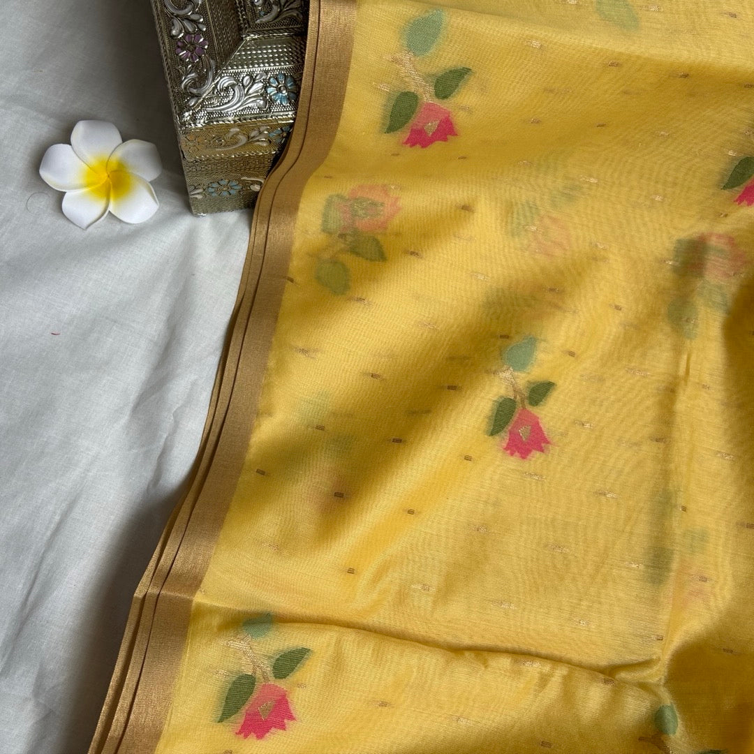 Mild Yellow Semi Linen Tulip Jamdhani Saree