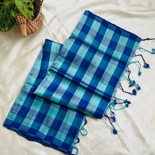 MangalgiriPattu Checked Blue Saree - MPCH04