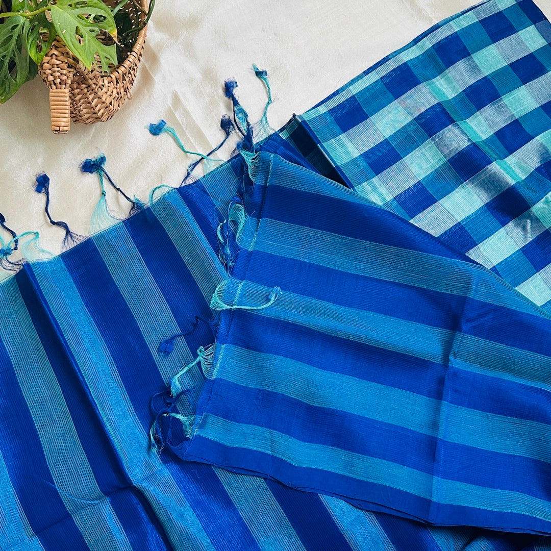 MangalgiriPattu Checked Blue Saree - MPCH04