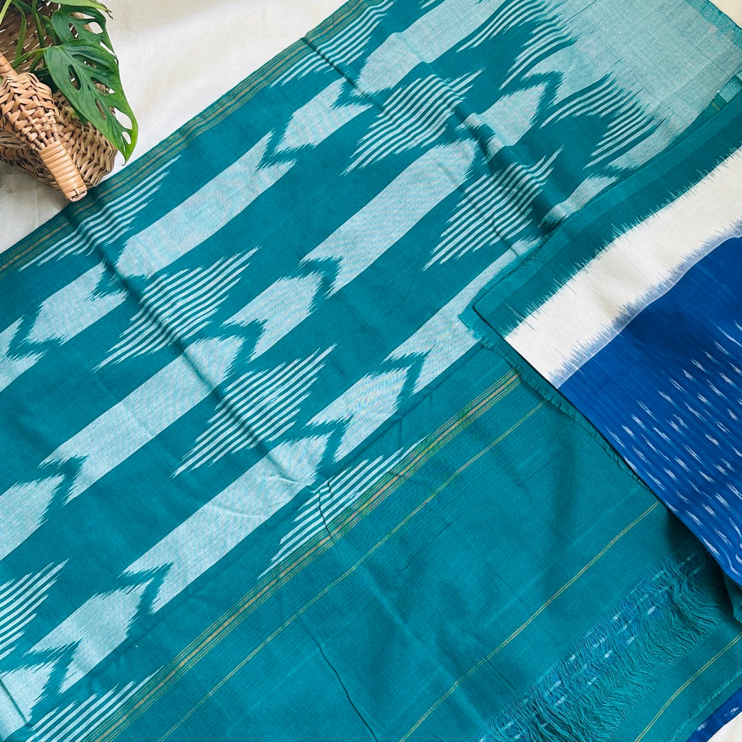 Ikkat BlueGreen Handloom Saree