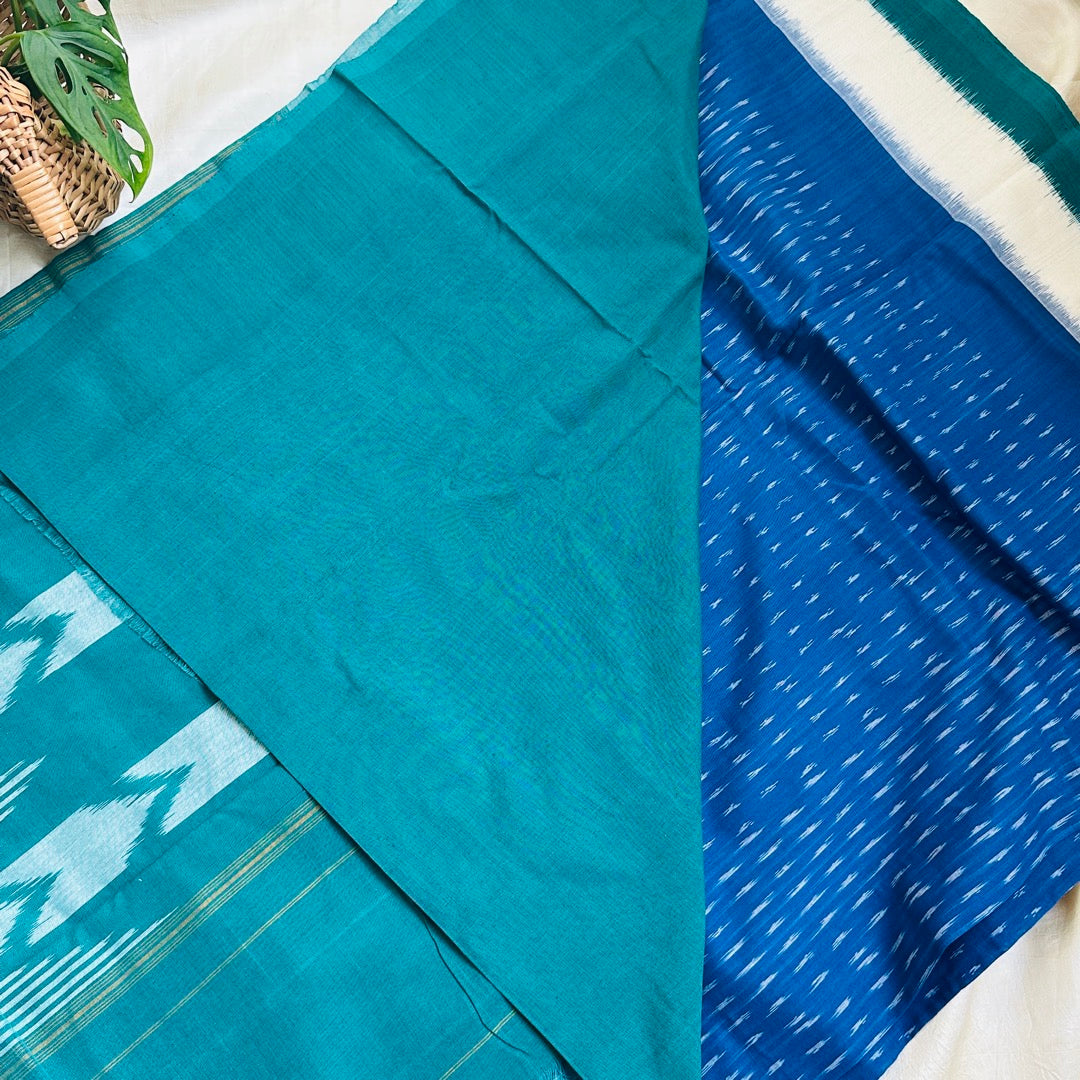 Ikkat BlueGreen Handloom Saree