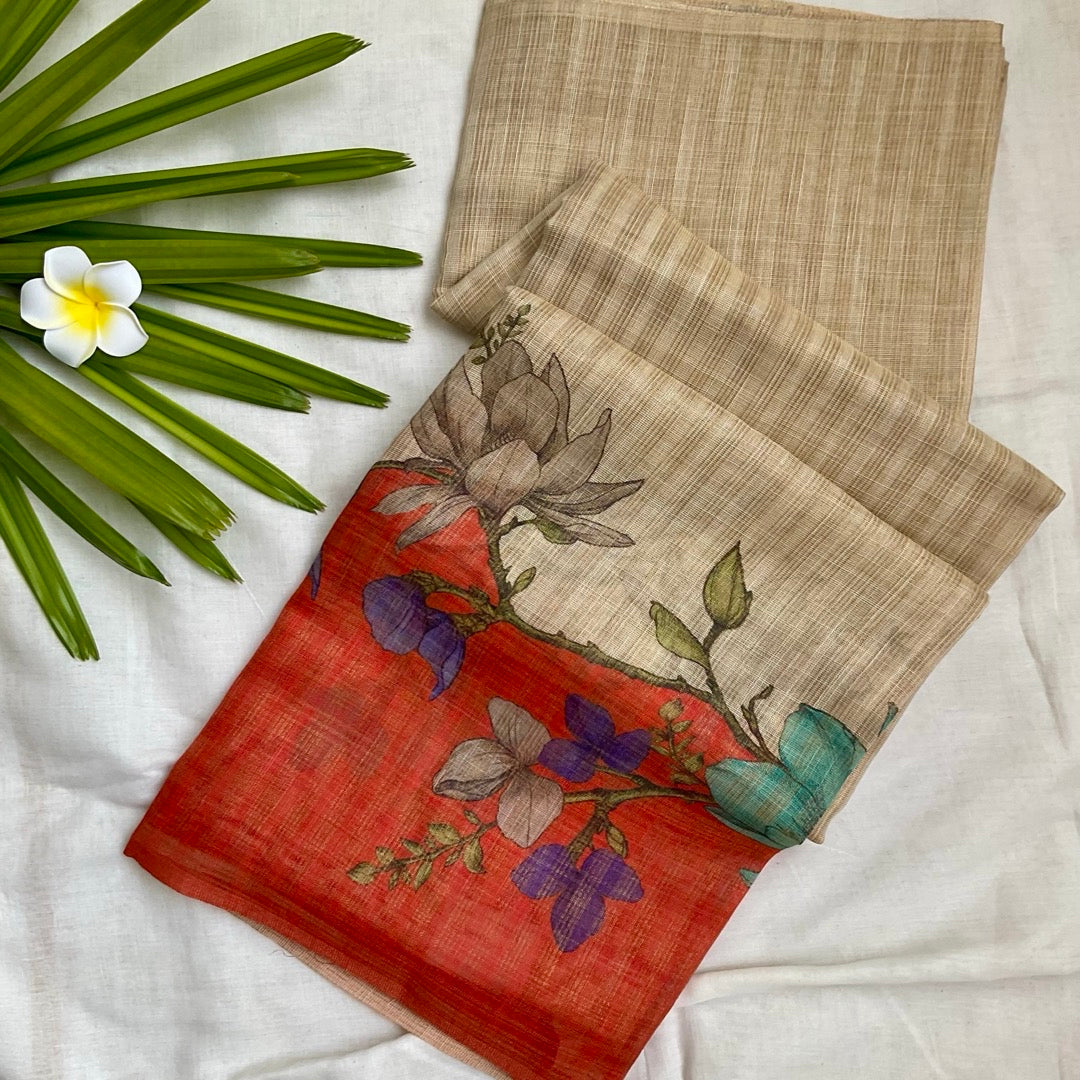 Semi Linen W.Orange Saree www.vayatistudio.com.