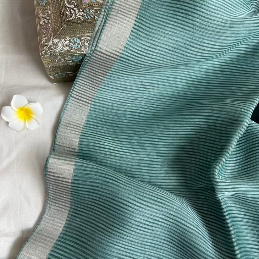 Blue Linen Silk saree Kota striped saree look