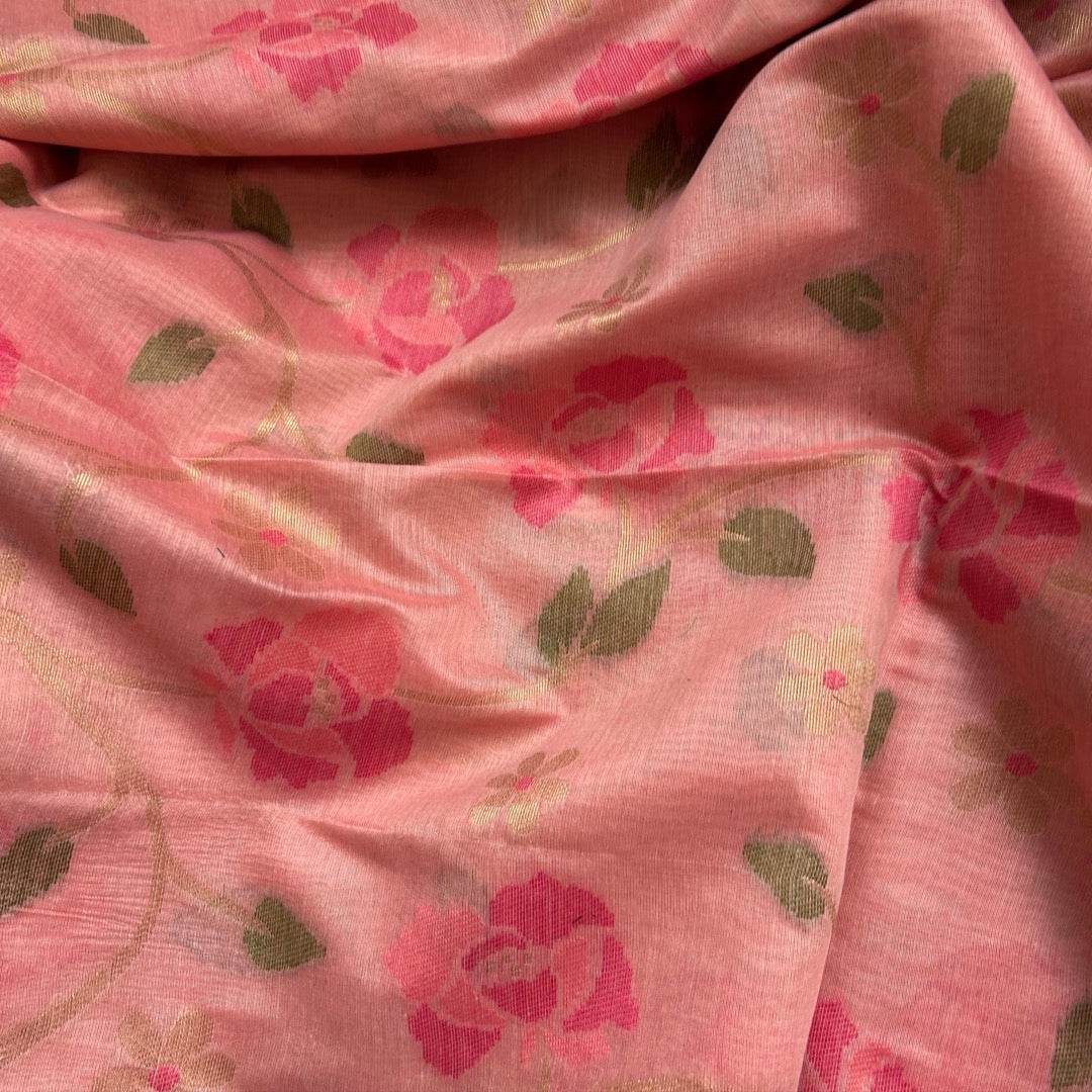 Mild Pink jamdhani woven saree with floral patterns open look