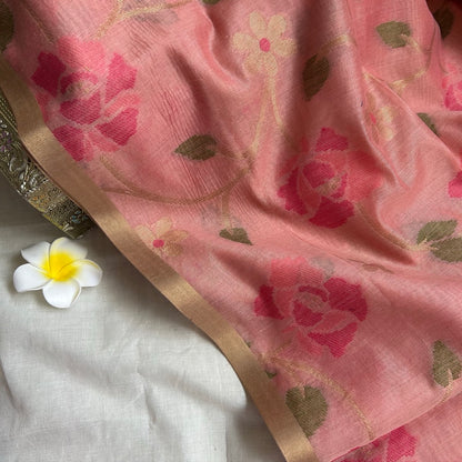 Mild Pink semi Linen Jamdhani woven saree