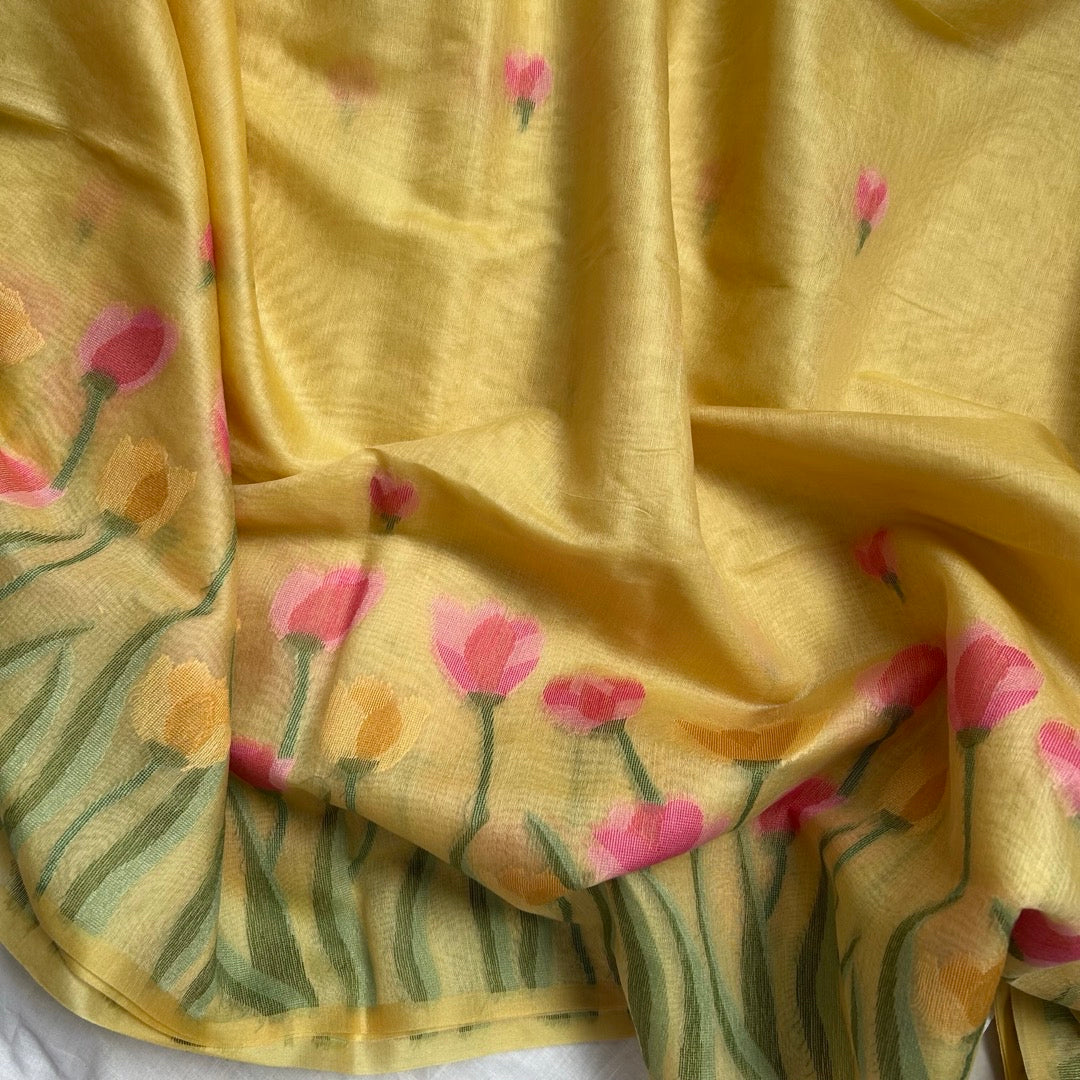 Yellow semi linen tulip jamdhani saree open look