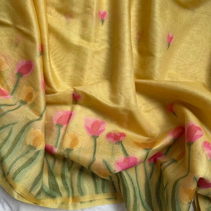 Yellow semi linen tulip jamdhani saree open look
