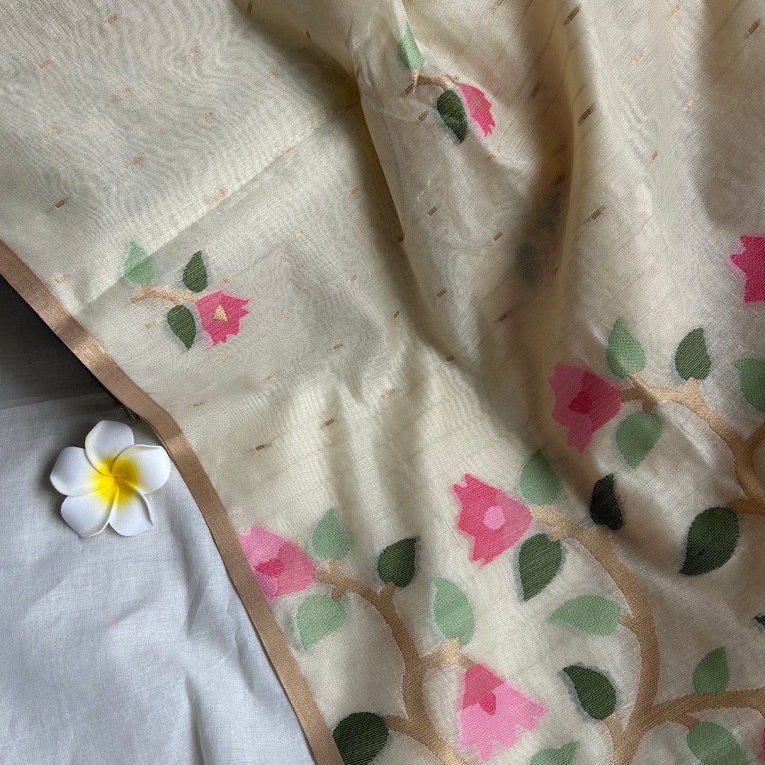 Half white semi linen jamdhani saree with tulip woven motifs