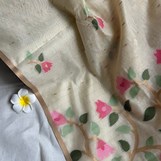 Half white semi linen jamdhani saree with tulip woven motifs