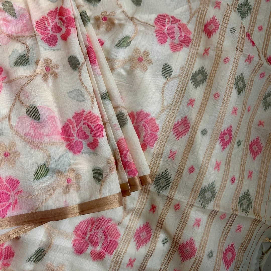 Half White semi linen saree jamdani Floral with pink flowers and green leaves 