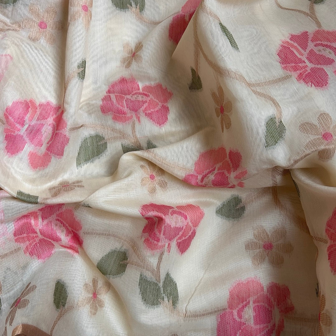 Half White semi linen saree with jamdhani patterned with pink flowers closer look