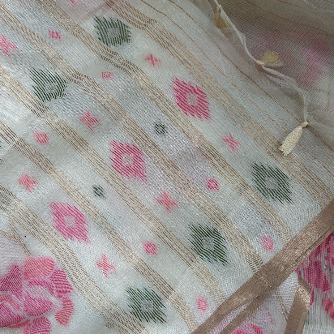 Half White semi linen saree with woven jamdhani patterns on pallu