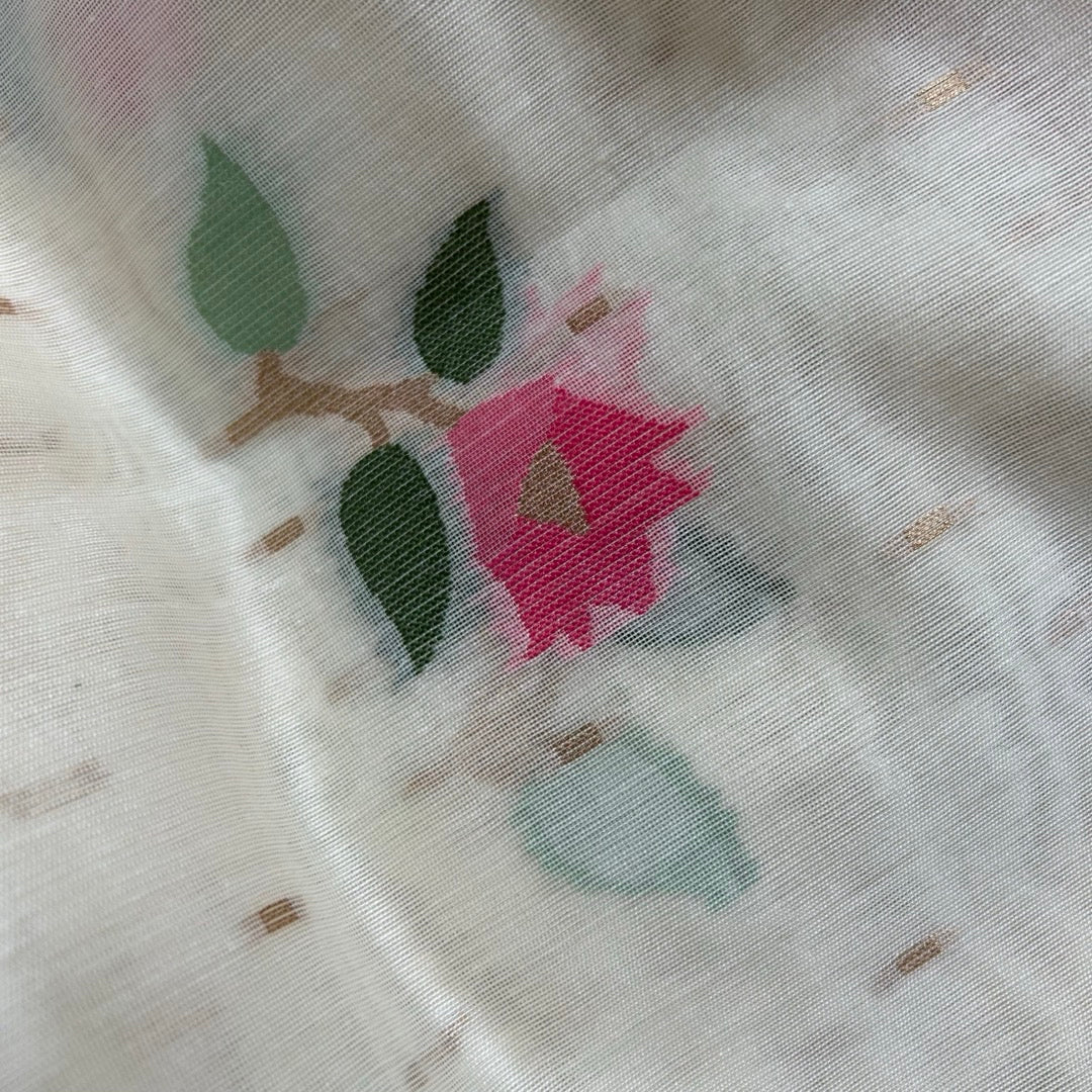 Close-up of semi linen  with floral jamdhani o woven