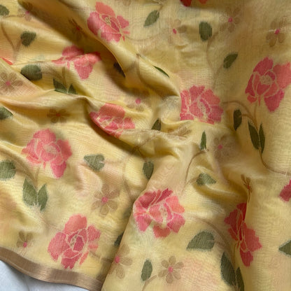 Yellow semi linen saree,  pink jamdhani woven floral patterns open look
