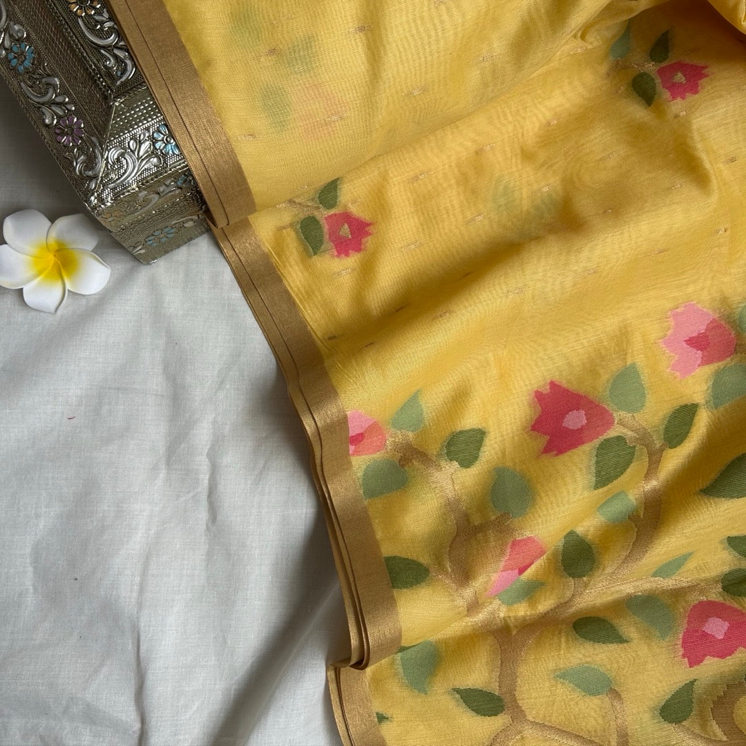 Mild Yellow semi linen jamdhani woven  with floral patterns
