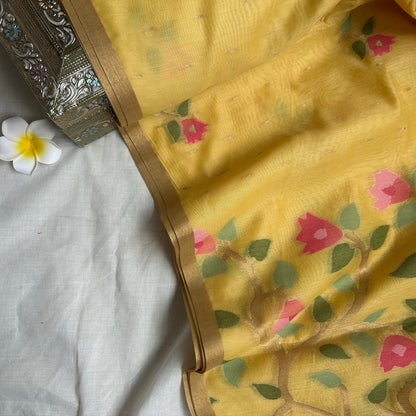 Mild Yellow semi linen jamdhani woven  with floral patterns