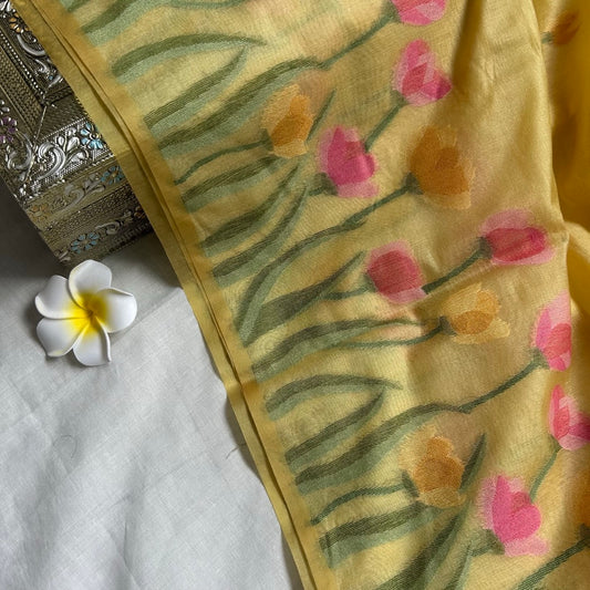 Yellow semi linen saree jamdhani tulip woven 