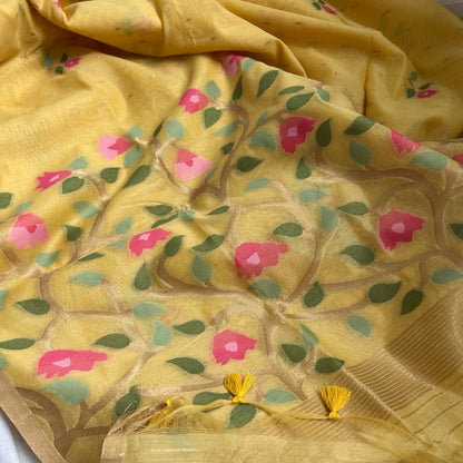 Yellow semi linen jamdhani saree tulip woven pallu open look