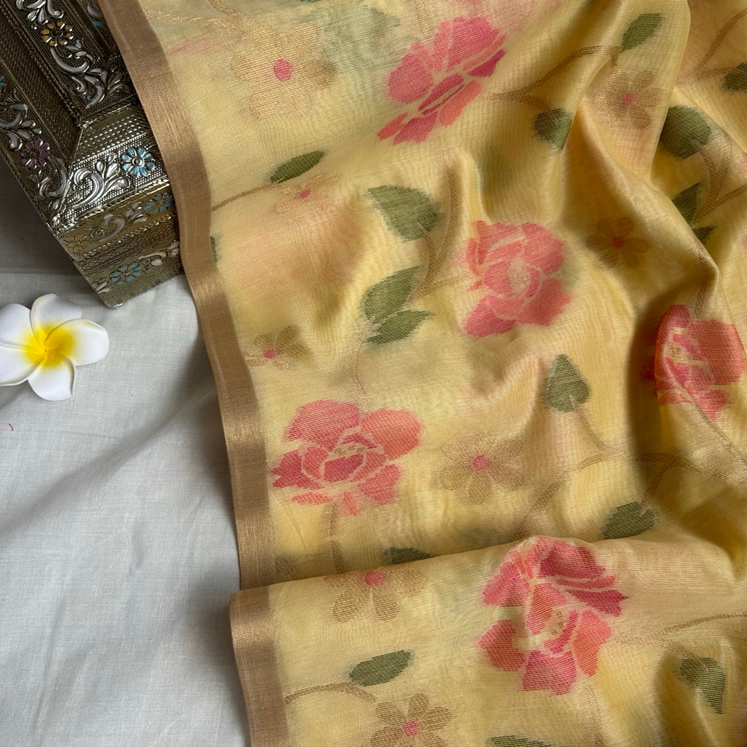 Mild Yellow semi linen saree with jamdhani  woven 