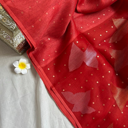 Linen_Silk_ Red_Saree_open