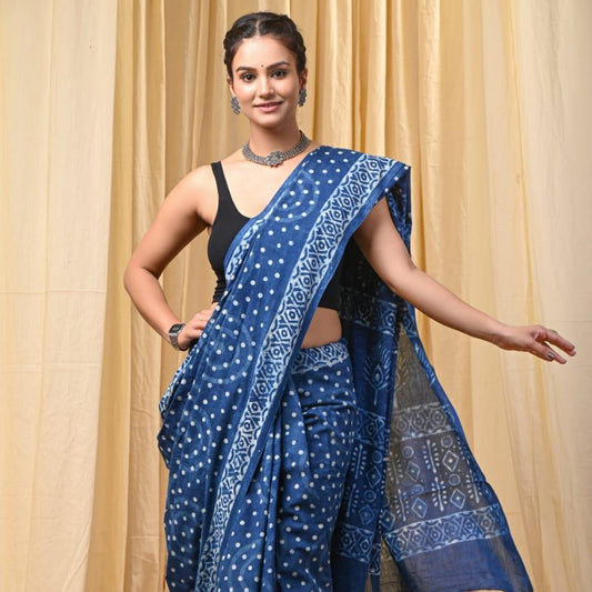 Mulmul Cotton Indigo Saree - 06