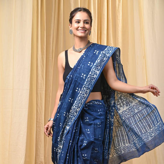 Mulmul Cotton Indigo Saree - 07