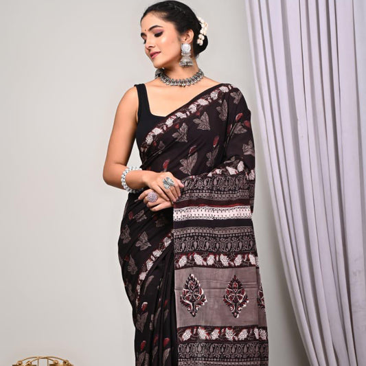 Mul cotton Saree Vanaspathi print Natual Dye