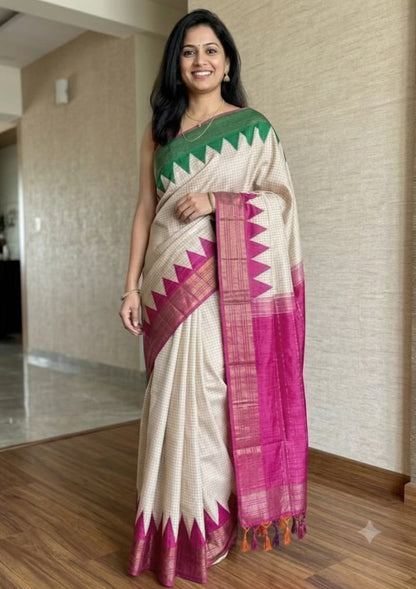 Tussar Silk Check HalfWhite Saree
