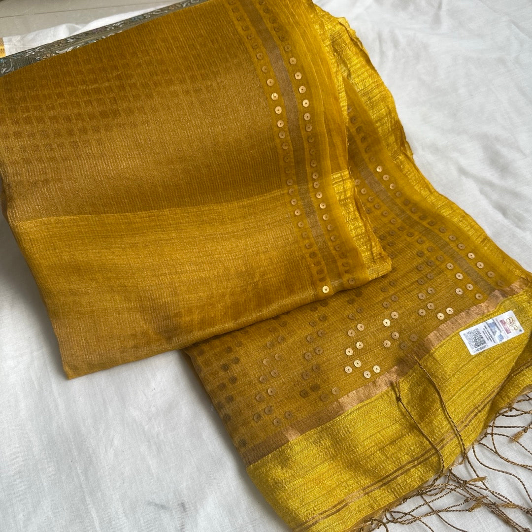 Yellow Tissue Muslin Silk Saree www.vayatistudio.com.